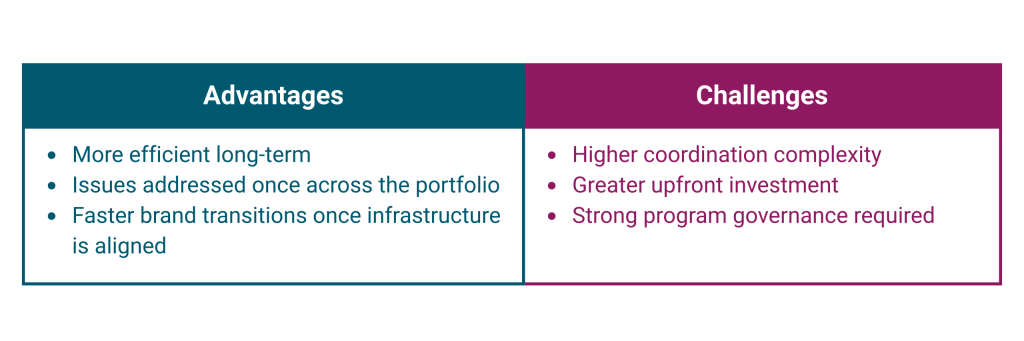 Comparison table of function-by-function integration. In the advantages column: more efficient long-term, issues addressed once across the portfolio, faster brand transitions once infrastructure is aligned. In the challenges column: higher coordination complexity, greater upfront investment, strong program governance required