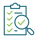 Blue and green icon showing a checklist and magnifying glass to represent and packaging and labels inventory