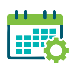 Blue, green, and teal calendar icon with gear in corner to represent packaging and labels conversion strategy and schedule