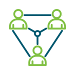 Blue and green icon showing 3 connected stakeholders involved in packaging and labels rebranding