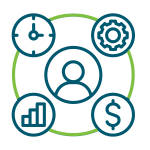 Icon with person in the middle with outer ring containing a clock, gear, bar chart, and dollar sign to represent packaging and labels program structure